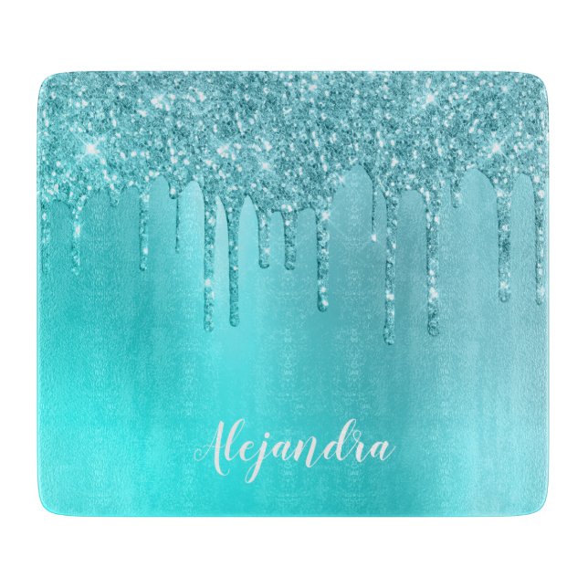 Gorgeous aqua blue mint & turquoise glitter drips cutting board (Front)