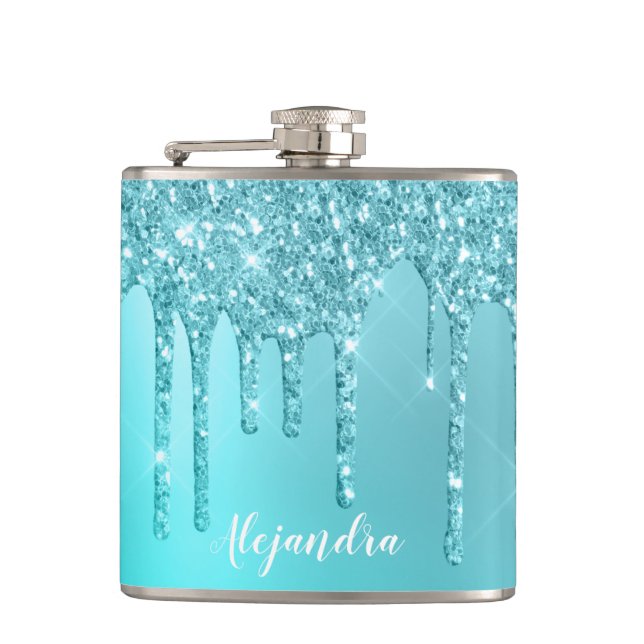 Gorgeous aqua blue mint & turquoise glitter drips hip flask (Front)