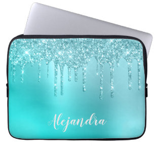 Gorgeous aqua blue mint & turquoise glitter drips laptop sleeve