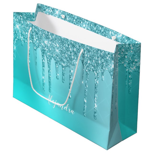 Gorgeous aqua blue mint & turquoise glitter drips large gift bag (Front Angled)