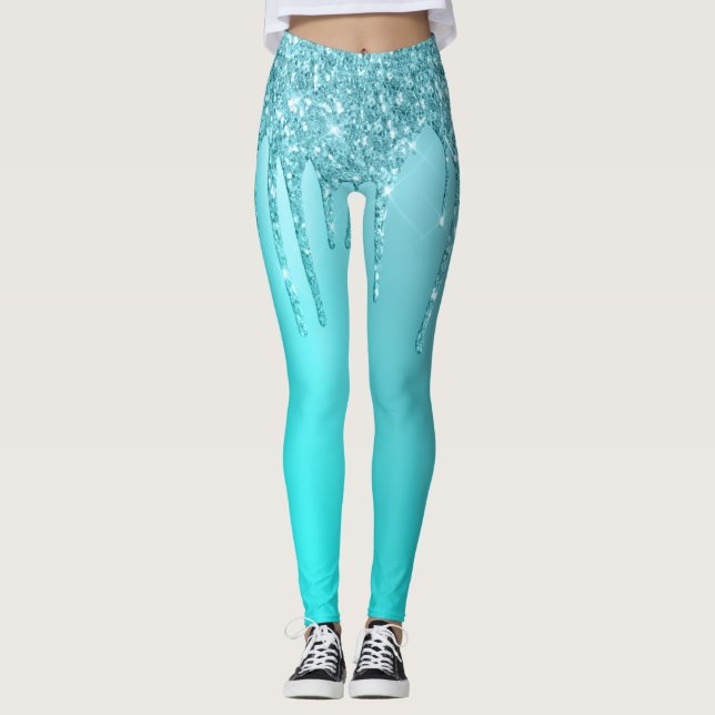 Gorgeous aqua blue mint & turquoise glitter drips leggings (Front)