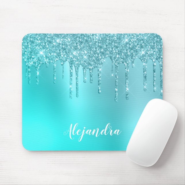 Gorgeous aqua blue mint & turquoise glitter drips mouse mat (With Mouse)