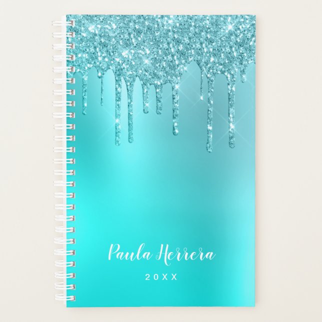 Gorgeous aqua blue mint & turquoise glitter drips planner (Front)