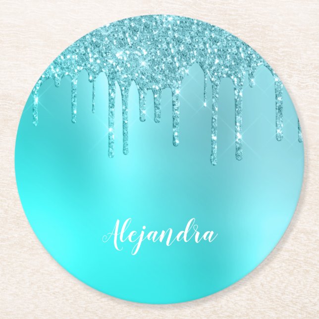 Gorgeous aqua blue mint & turquoise glitter drips round paper coaster (Front)