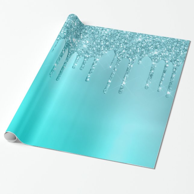 Gorgeous aqua blue mint & turquoise glitter drips wrapping paper (Unrolled)