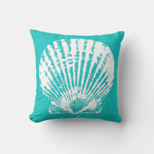Gorgeous Aqua with White Seashell Burlap Look Cushion