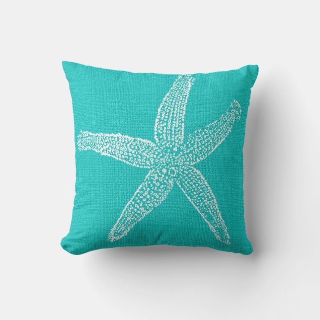 Gorgeous Aqua with White Starfish Burlap Look Cushion (Front)
