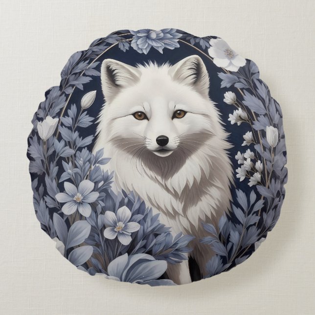 Gorgeous Arctic Fox William Morris Inspired Round Cushion (Front)