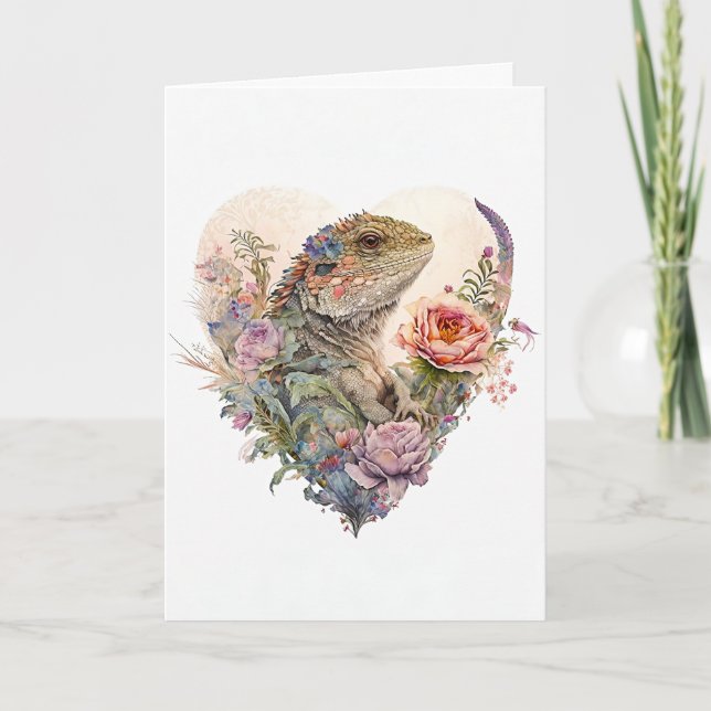 Gorgeous Bearded Dragon in Flowers Valentine's Day Holiday Card (Front)