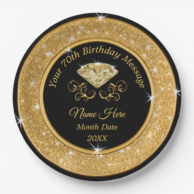 Gorgeous Black and Gold 70th Birthday Paper Plates (Front)