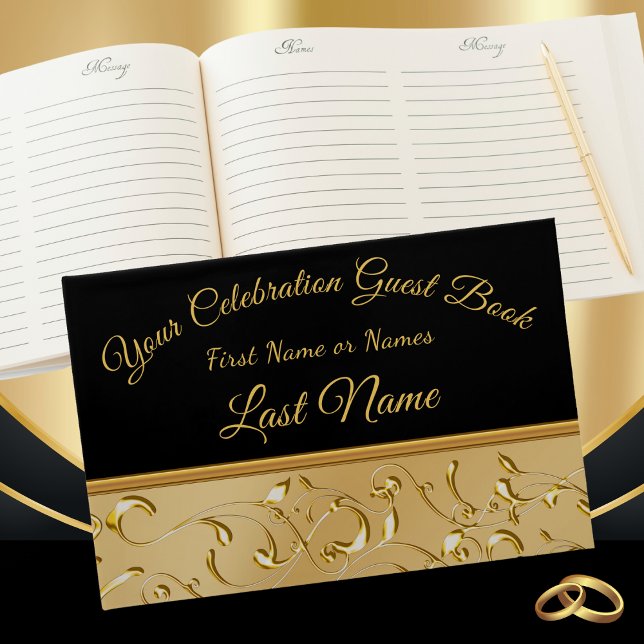 Gorgeous Black and Gold Guest Book, Personalise it Guest Book (50th wedding anniversary guest book. Black and Gold Guest Book. Golden Anniversary Guest Book.)