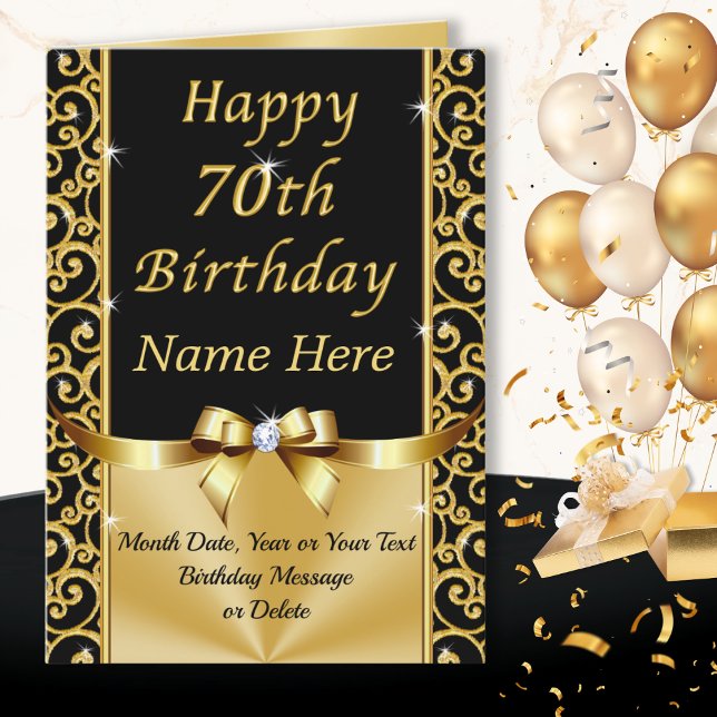 Gorgeous Black and Gold Happy 70th Birthday Cards (70th birthday wishes for female friend. Personalised, 70th birthday cards for her. Black and Gold.)