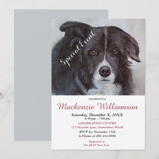 GORGEOUS BLACK BORDER COLLIE WISHES HAPPY BIRTHDAY INVITATION (Front/Back)