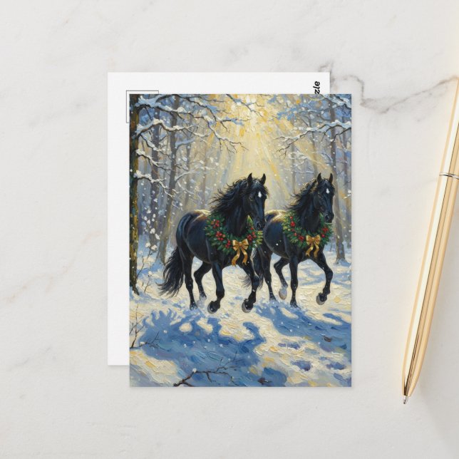 Gorgeous Black Horses Wreaths in Winter Woods Postcard (Front/Back In Situ)
