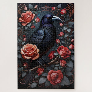 Gorgeous Black Raven Rose Garden Jigsaw Puzzle