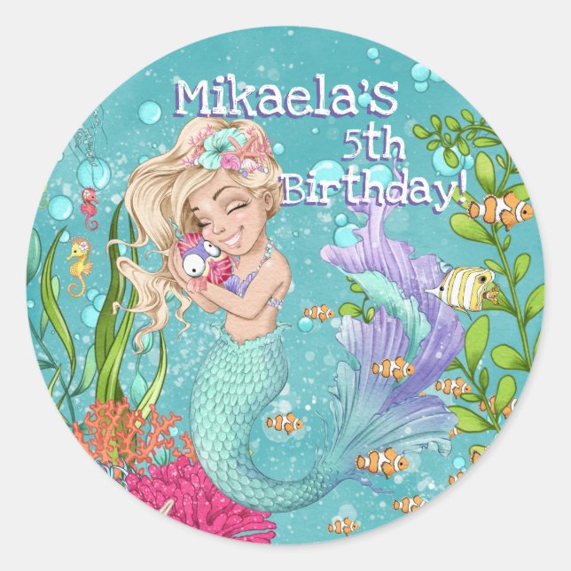 Gorgeous Blonde Turquoise Purple Mermaid Birthday  Classic Round Sticker (Front)