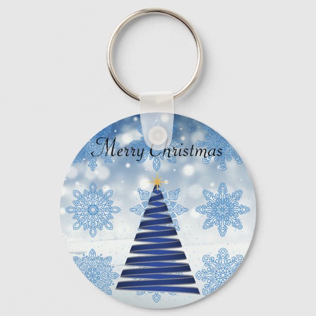 Gorgeous Blue Christmas Tree, Snowflake Key Ring (Front)