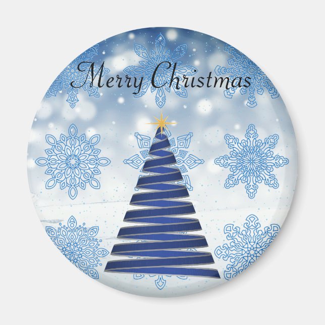 Gorgeous Blue Christmas Tree, Snowflake Magnet (Front)