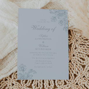 Gorgeous Blue Floral Line Art Wedding Invitation