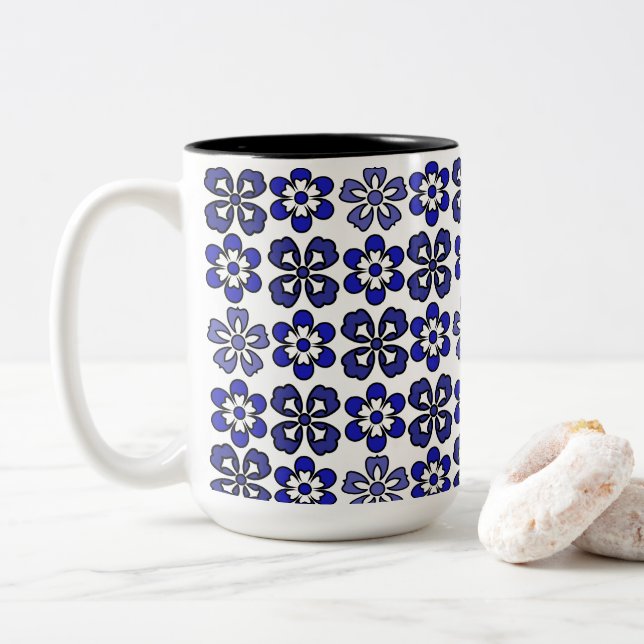 Gorgeous Blue Flowers Pattern Two-Tone Coffee Mug (With Donut)