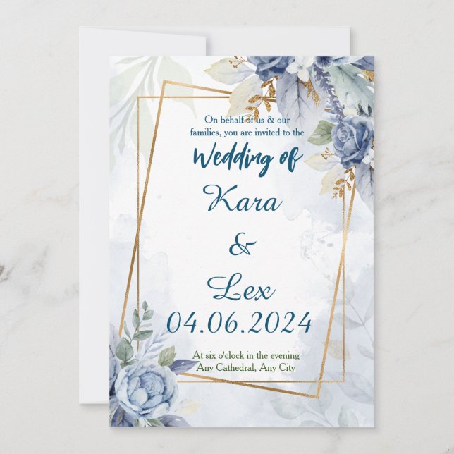 Gorgeous Blue Flowers with Gold Accent Framing  Invitation (Front)