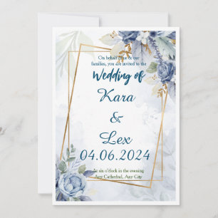 Gorgeous Blue Flowers with Gold Accent Framing  Invitation