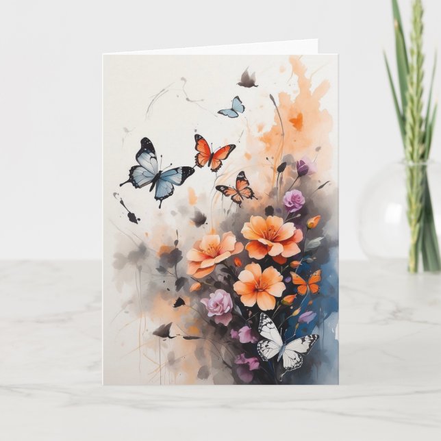 Gorgeous Blue Orange Butterflies Florals Blank Card (Front)