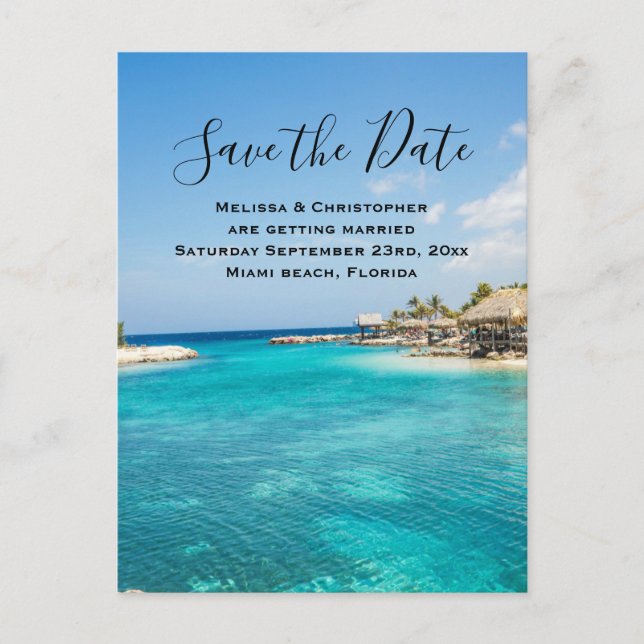 Gorgeous Blue Tropical Beach Save the Date Wedding Invitation Postcard (Front)