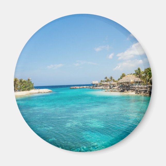 Gorgeous Blue Tropical Beach with Thatched Huts Magnet (Front)