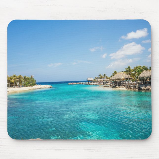 Gorgeous Blue Tropical Beach with Thatched Huts Mouse Mat (Front)