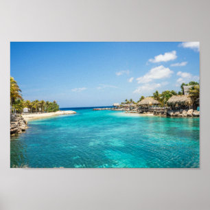 Gorgeous Blue Tropical Beach with Thatched Huts Poster
