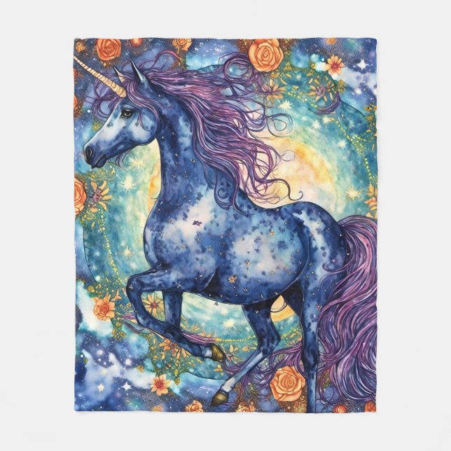 Gorgeous Blue Unicorn Fleece Blanket (Front)