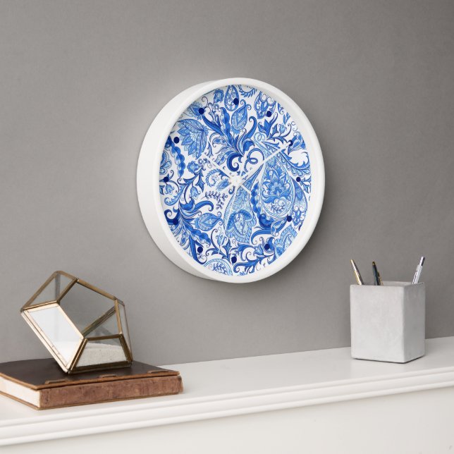 Gorgeous Blue White Floral Paisley Art Pattern Clock (Office)