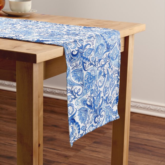 Gorgeous Blue White Floral Paisley Art Pattern Long Table Runner (In Situ)