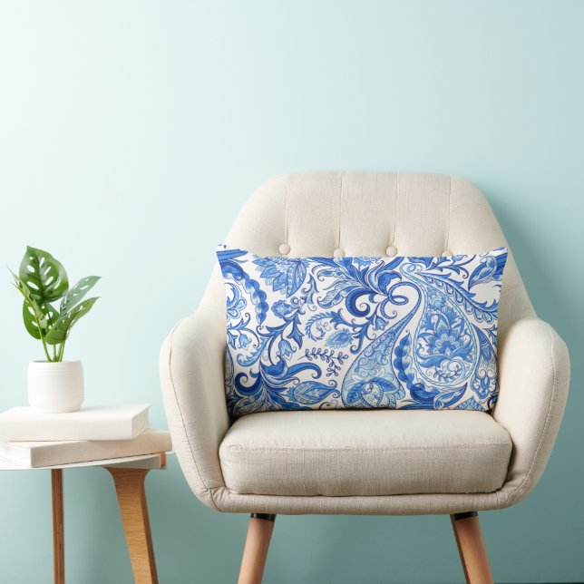 Gorgeous Blue White Floral Paisley Art Pattern Lumbar Cushion (Chair)