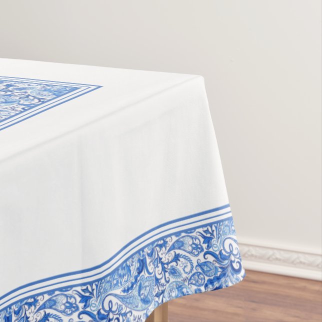Gorgeous Blue White Floral Paisley Art Pattern Tablecloth (In Situ)