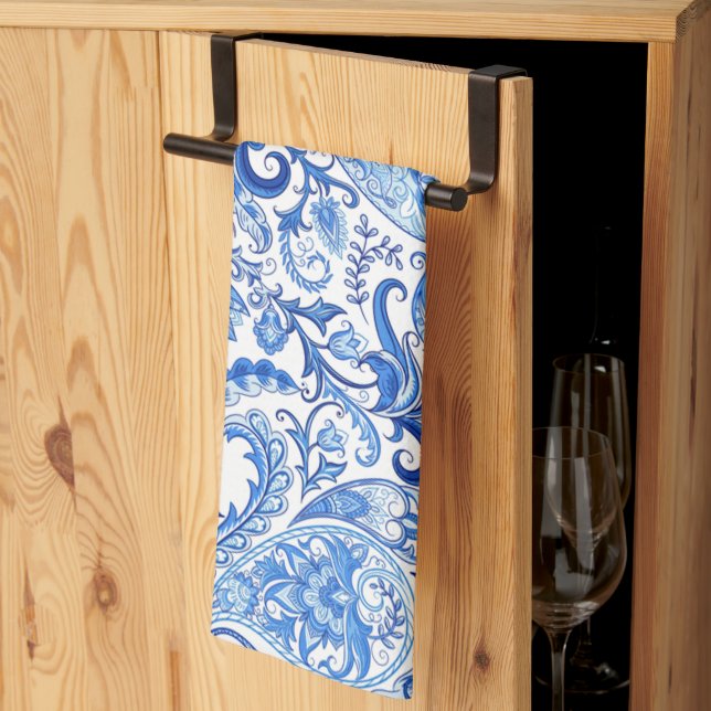 Gorgeous Blue White Floral Paisley Art Pattern Tea Towel (Thirds Fold)