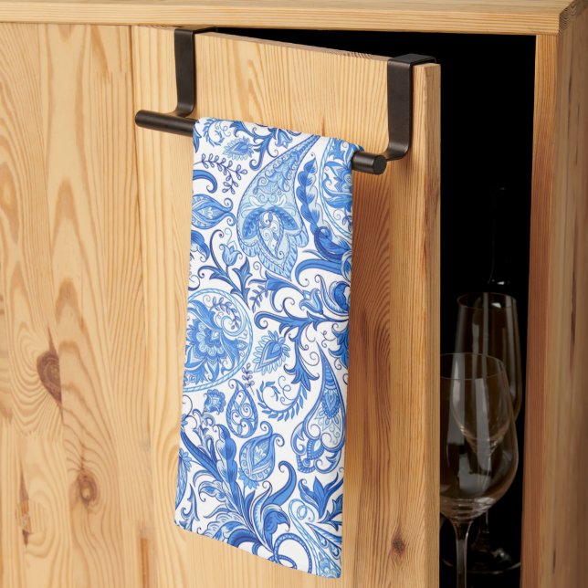 Gorgeous Blue White Floral Paisley Art Pattern Tea Towel (Thirds Fold)