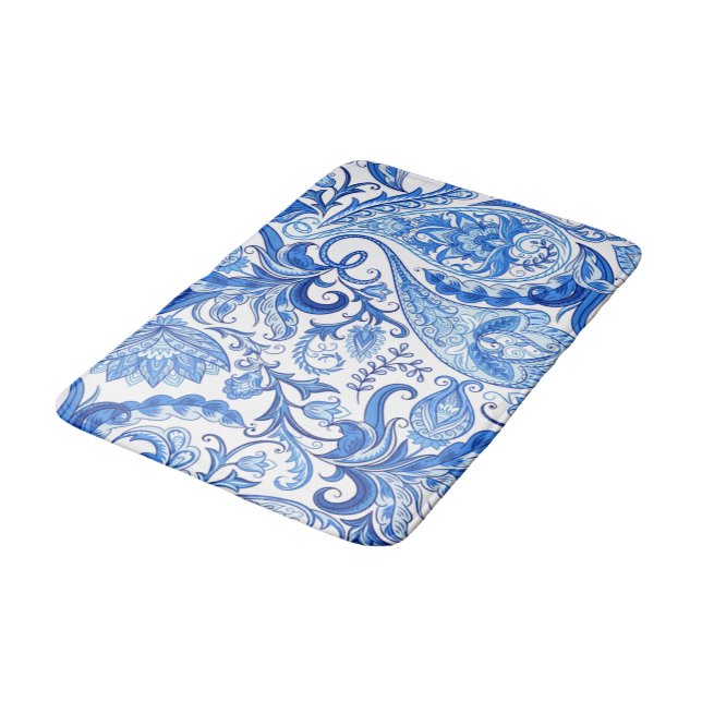 Gorgeous Blue White Floral Paisley Pattern Bath Mat (Angled)