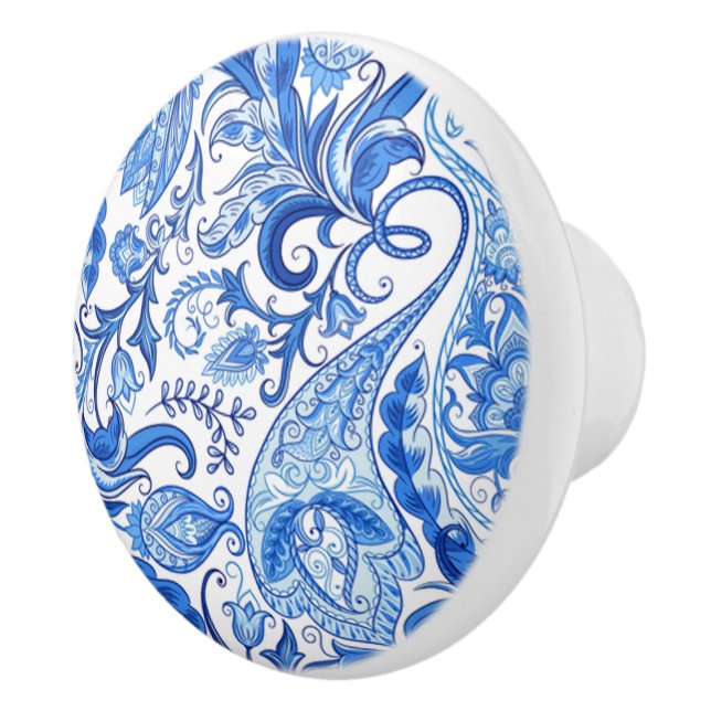Gorgeous Blue White Floral Paisley Pattern Ceramic Knob (Right)