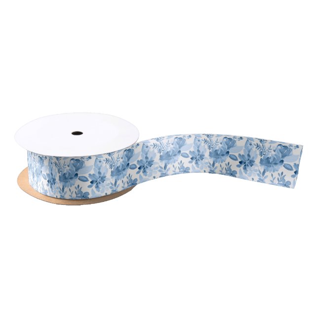Gorgeous Blue & White Watercolor Floral Satin Ribbon (Spool)