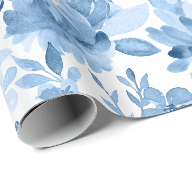 Gorgeous Blue & White Watercolor Floral Wrapping Paper (Roll Corner)