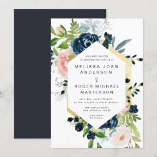 gorgeous blues gold floral Wedding Invitation