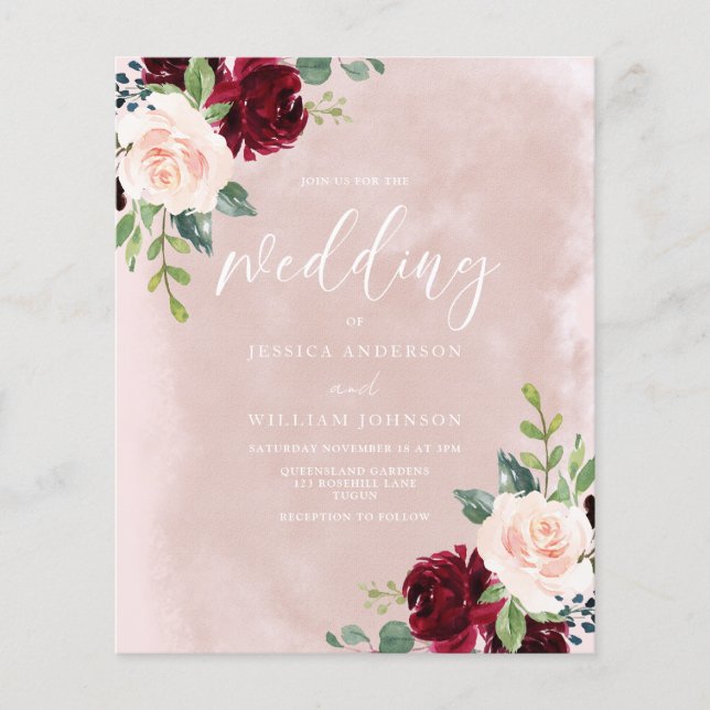 Gorgeous Blush Burgundy Budget Wedding Invitation (Front)