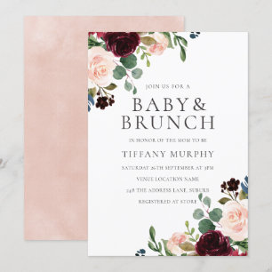Gorgeous Blush Burgundy Flowers Baby Shower Brunch Invitation