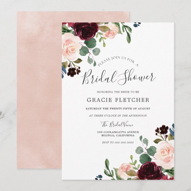 Gorgeous Blush & Burgundy Flowers Bridal Shower Invitation (Front/Back)