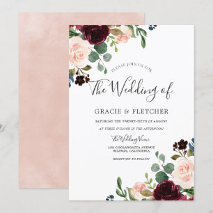 Gorgeous Blush & Burgundy Flowers Elegant Wedding Invitation