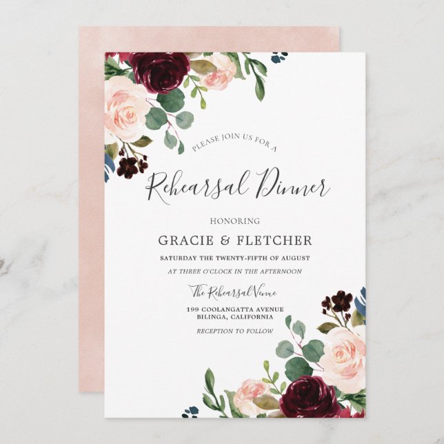 Gorgeous Blush & Burgundy Flowers Rehearsal Dinner Invitation (Front/Back)