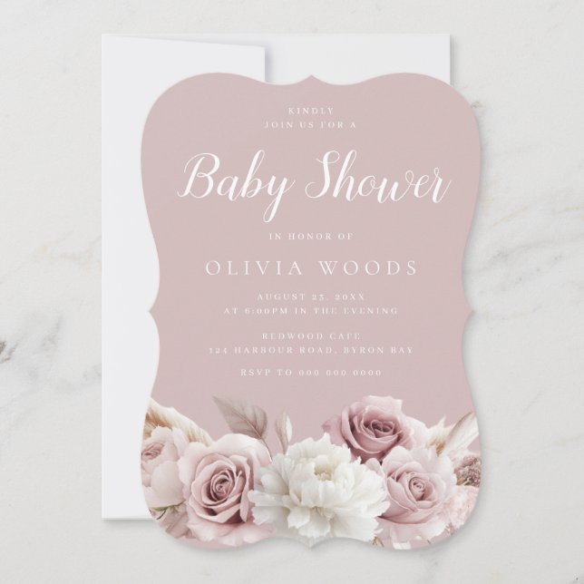 Gorgeous Blush & Dusty Rose Baby Shower Invitation (Front)