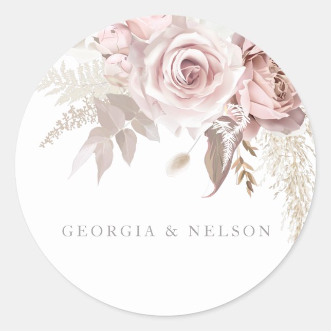 Gorgeous Blush Floral Wedding  Classic Round Sticker (Front)